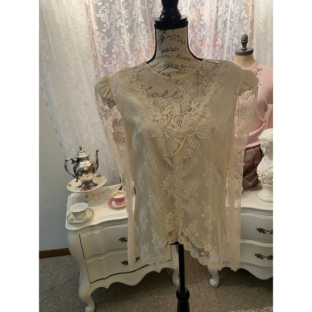 Patra Vintage Cream Lace Overlay Blouse Embroidered Applique Top Ivory 13/14